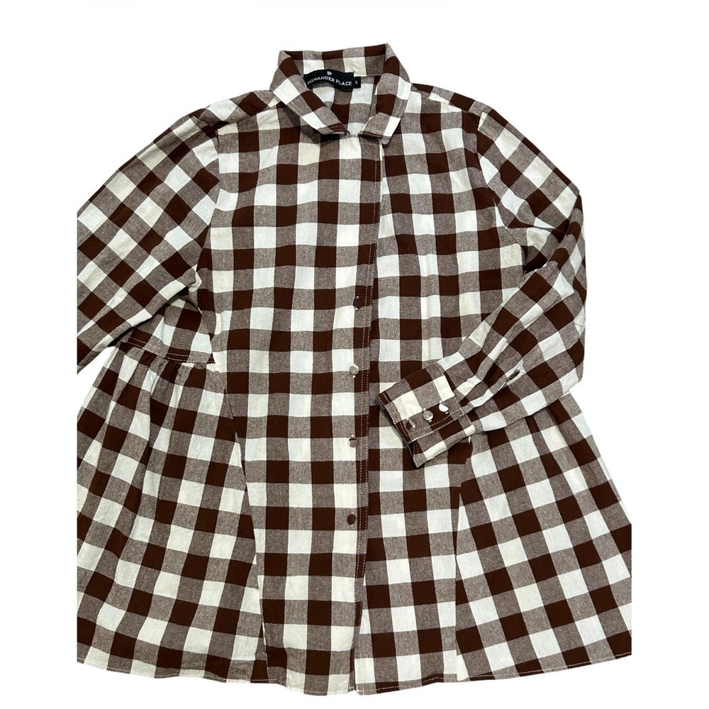 Pomander Place Tuckernuck Brown Gingham Peplum Button Down Shirt S 100% Cotton - Picture 6 of 11